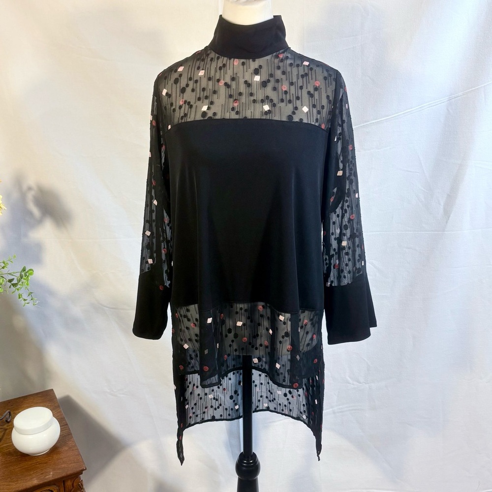 ♨️ IC by Connie K Sheer Shoulder Graphic Dot Hi Lo Tunic Top Small💛 - Picture 2 of 10